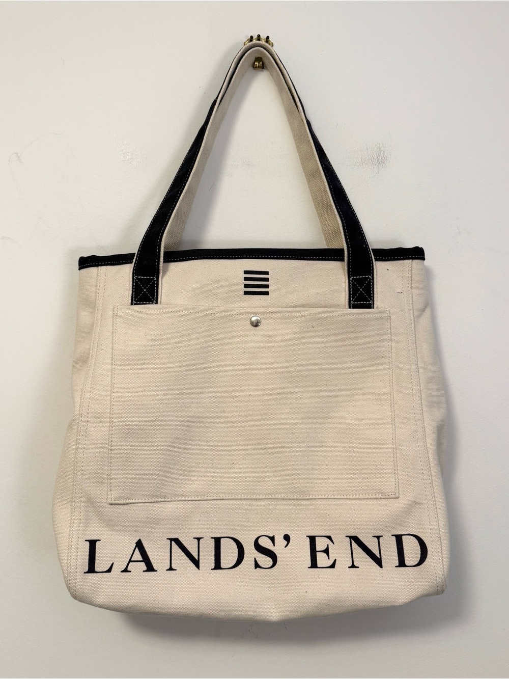 Lands’ End Natural Canvas Tote Bag Black Trim Large Shoulder Bag